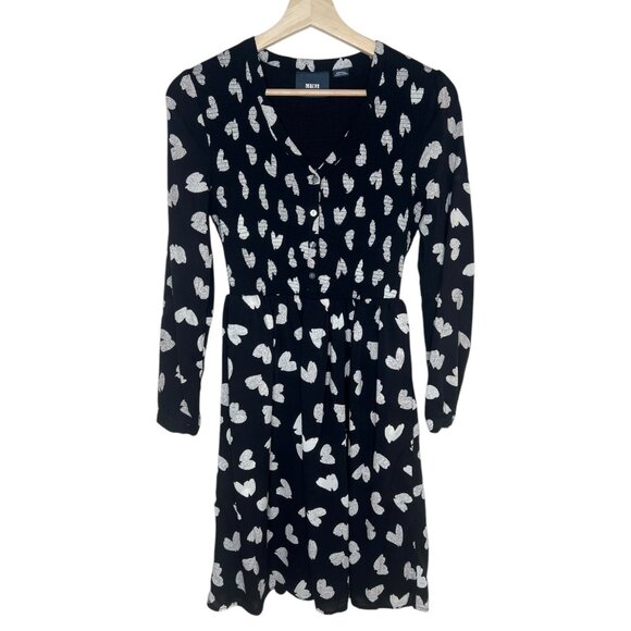 Maeve Smocked Heart Print Banet Knee Length Dress Black XS‎ Long Sleeve Twee - Picture 1 of 10
